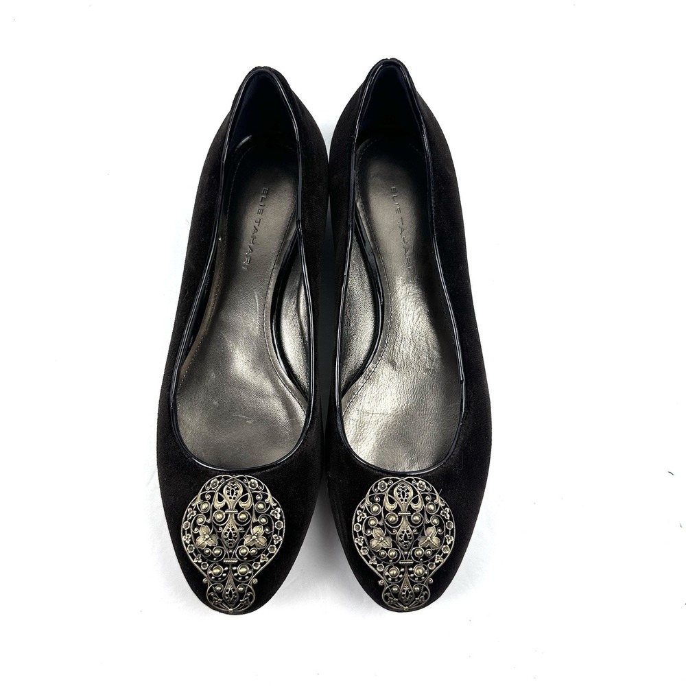 Elie Tahari Flats 37.5 Brown Velvet Brass Medallion Slip On Shoes Made Italy New